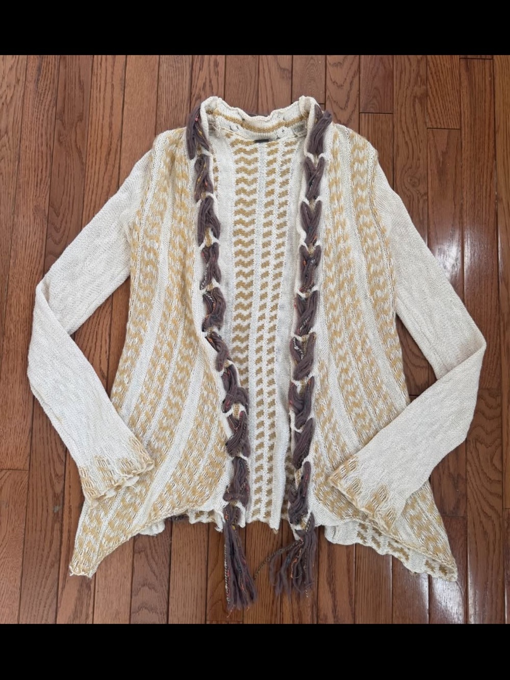 Free People Cream & Tan Knit Open-Front Cardigan with Braided Tassels